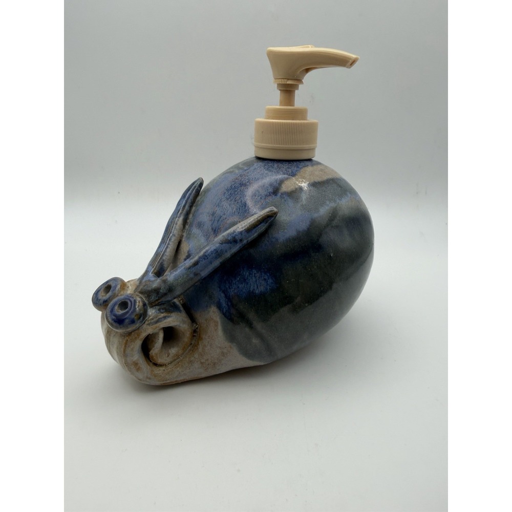 Handmade Studio Pottery Snail Soap Dispenser Blue Drip Glaze Ceramic